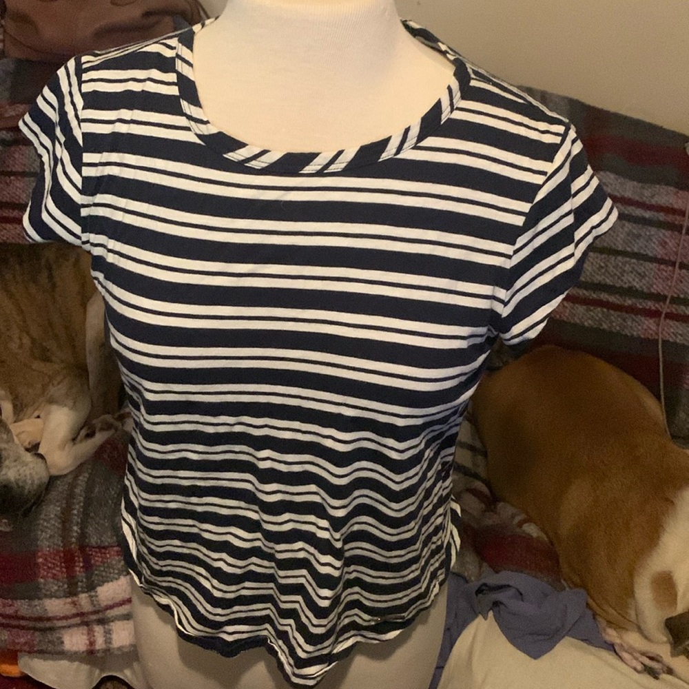NAUTICA Women's Blue White Stripe Tee Size M Boat Neckline Short Sleeve